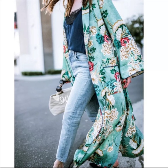 Sweaters - Floral Print Satin Kimono Cardigan Maxi Duster